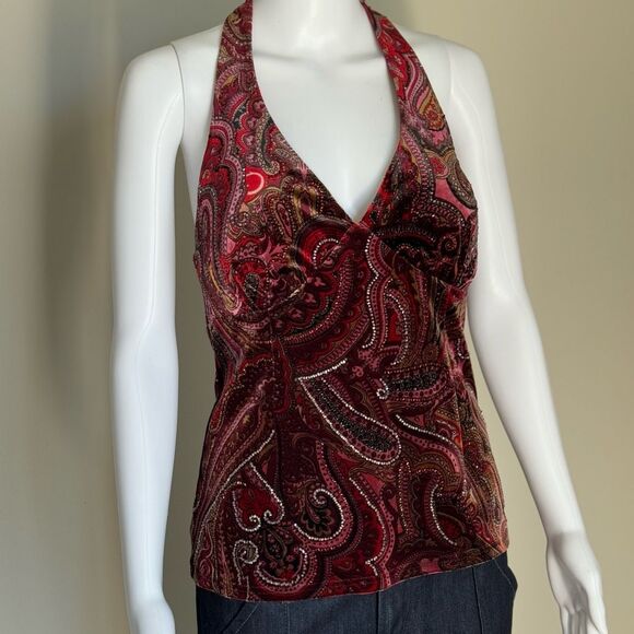 Y2K Cache Paisley Printed Velvet Beaded Halter Top - Picture 2 of 11
